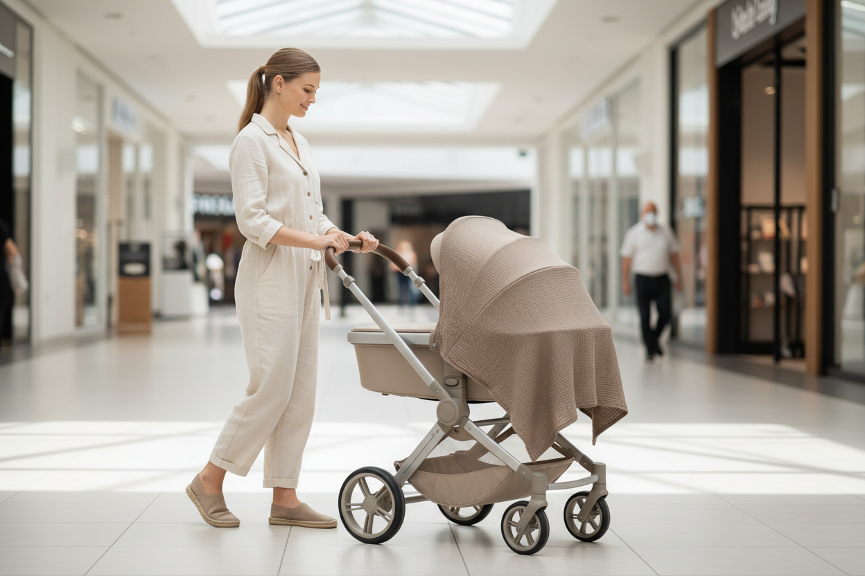 GentleRoots breastfeeding cover used as stroller sunshade