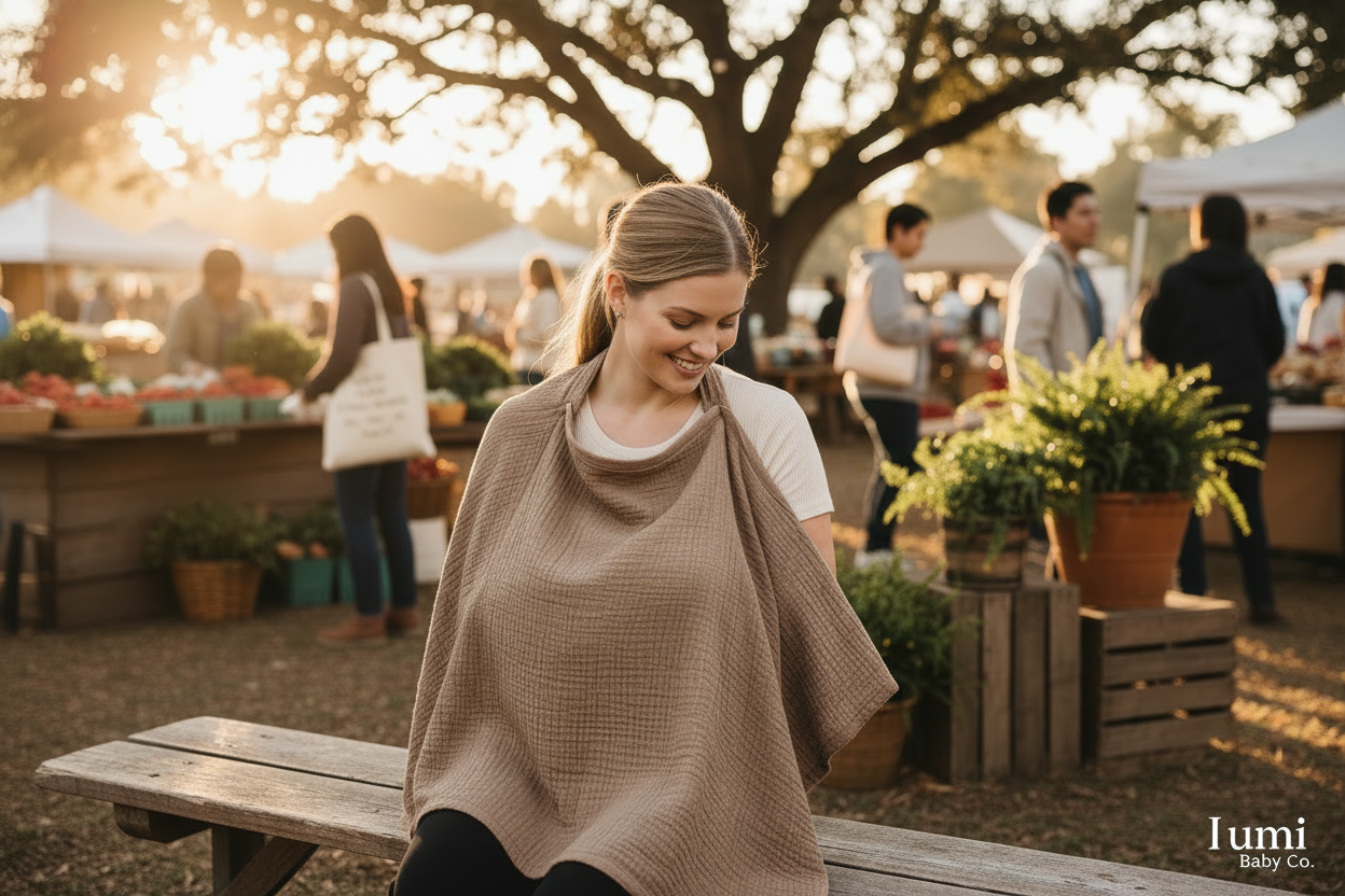 Mother wearing GentleRoots breastfeeding cover at farmers market