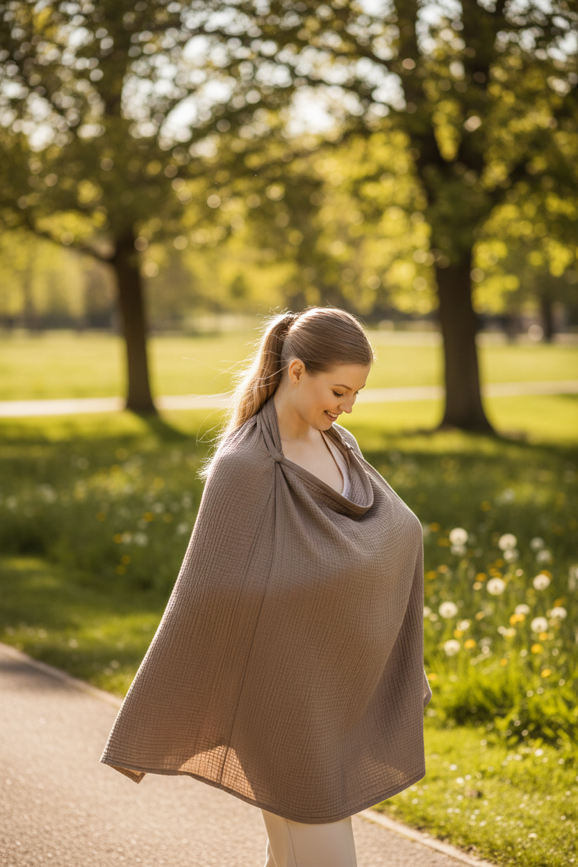 Mother wearing GentleRoots breastfeeding cover in park